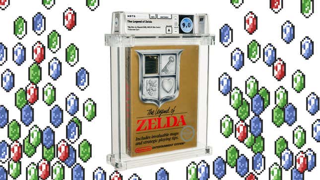 A sealed copy of The Legend of Zelda sits proudly among a field of Rupees.
