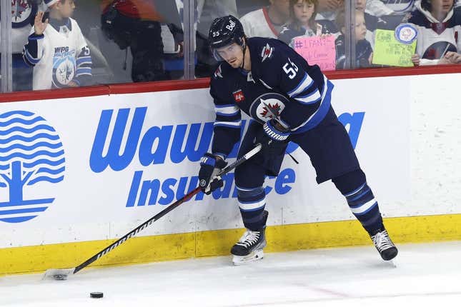 Apr 22, 2023; Winnipeg, Manitoba, CAN; Winnipeg Jets center Mark Scheifele (55) warms up before Game 3 of the first round of the 2023 Stanley Cup Playoffs at Canada Life Centre against the Vegas Golden Knights .