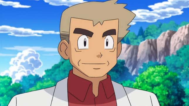 Professor Samuel Oak is staring off-screen in his iconic white-lab-coat-and-red-collared-shirt ensemble, a grin on his face.