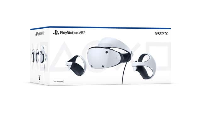 A box labeled the PlayStation VR2 with the headset and controllers.