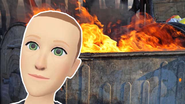 Mark Zuckerberg's Horizon World's avatar stands in front of a dumpster fire.
