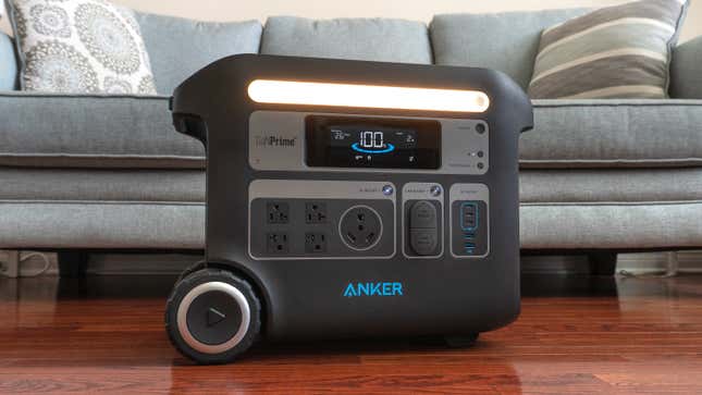 The front of the Anker PowerHouse 767 Portable Power Station with its LED light strip turned on.