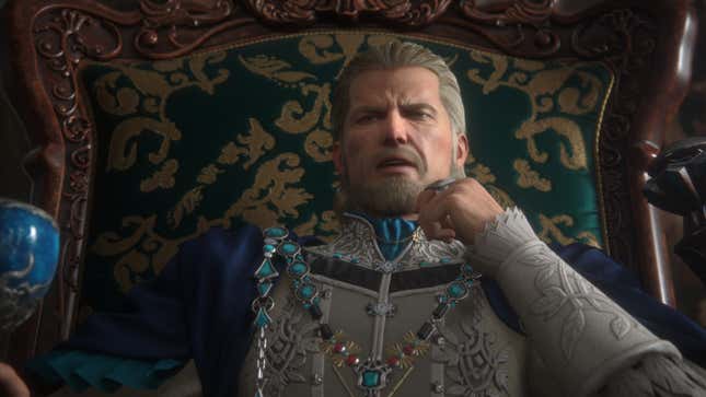 A Final Fantasy 16 image of some lord sitting in his lordly chair, supposedly doing lord things.