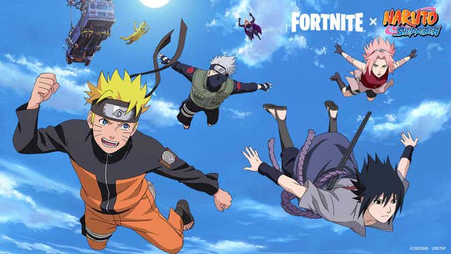 Naruto, Sasuke, Kakashi, and Sakura falling out of the sky.