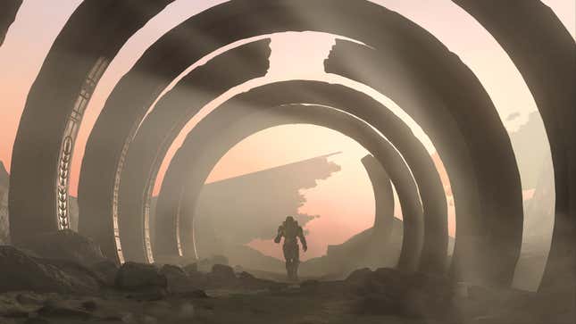 Master Chief walks into the sunset of a broken Halo ring in Halo Infinite.