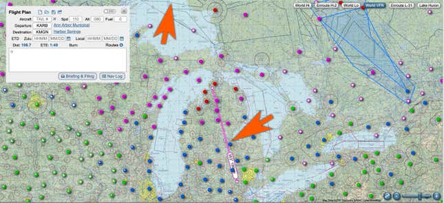 The orange arrows point to where the skeletal remains where found, and further north, the pilotless plane.