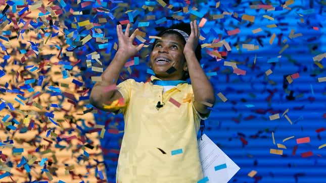 Zaila Avant-garde, 14, from Harvey, Louisiana is covered with confetti as she celebrates winning the finals of the 2021 Scripps National Spelling Bee Thursday, July 8, 2021.