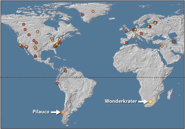 Locations where ~12,800-year-old platinum spikes have been recorded on Earth.