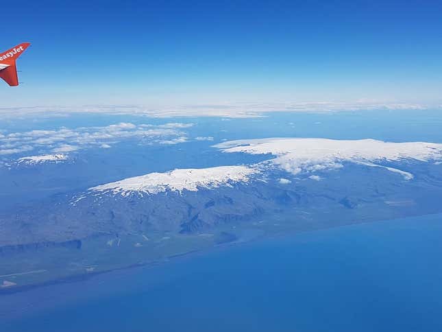 Iceland's Eyjafjallajökull (left) and Katla volcanoes (right) from above.