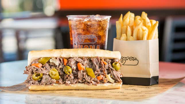 Buona Italian Beef sandwich with fries and drink