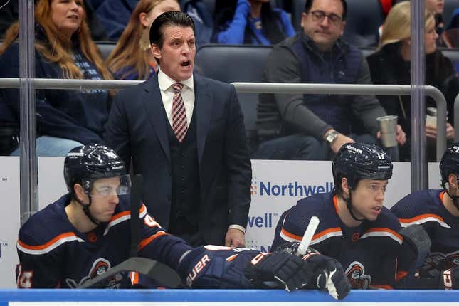 Jan 21, 2023; Elmont, New York, USA; New York Islanders head coach Lane Lambert coaches against the Carolina Hurricanes during the first period at UBS Arena.