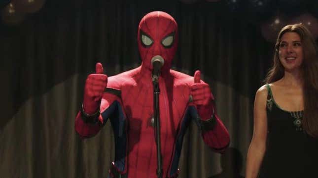 Spider-Man gives two thumbs up in a scene from Spider-Man: Far From Home.