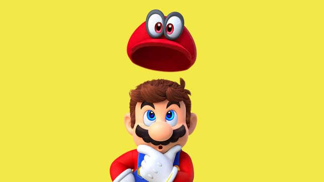 Mario Odyssey's hero making a puzzled look at his hat.