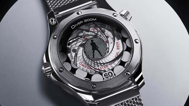 A close-up of the sapphire crystal window on the Omega Seamaster Diver 300M 60 Years Of James Bond watch's caseback.