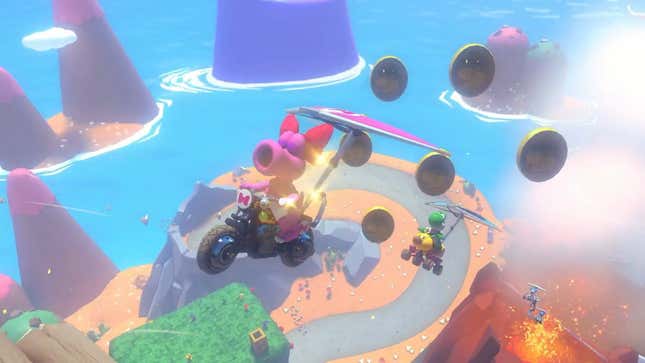 Birdo is seen gliding above a race track on her cart with Yoshi behind her.