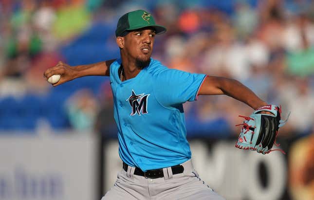 Mar 17, 2023; Port St. Lucie, Florida, USA;  Miami Marlins pitcher Eury Perez (76) pitches against the New York Mets in the first inning at Clover Park.