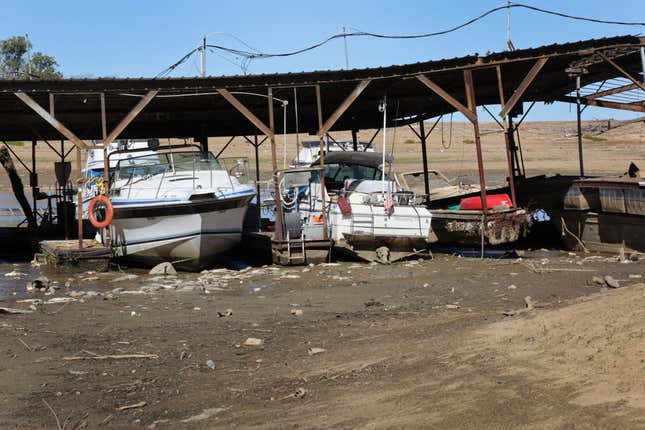 Boats rest in mud at Riverside Park Marina in Martin Luther King Jr. Riverside Park along the Mississippi River on October 19, 2022 in Memphis, Tennessee. Lack of rain in the Ohio River Valley and along the Upper Mississippi has the Mississippi River south of the confluence of the Ohio River nearing record low levels.