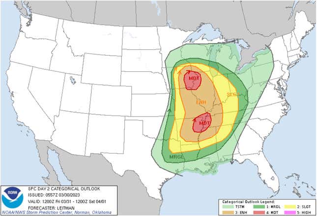 Storm risk for this Friday. Red circles represent moderate risk, orange represents enhanced risk of storms, yellow shows a slight risk of storms, and green shows a marginal risk of storms. 