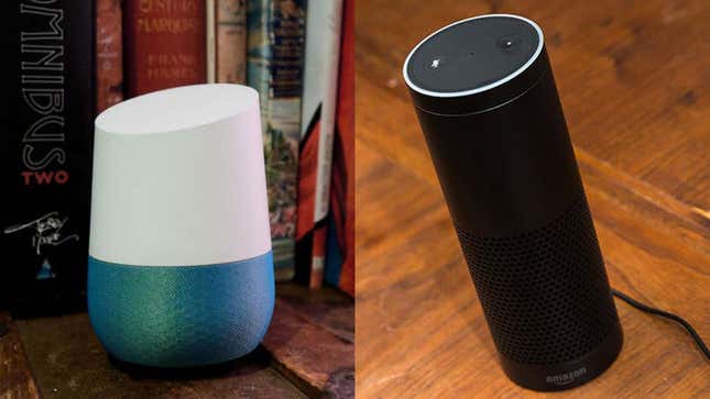 A photo showing the first-gen Google Home and Amazon Echo 