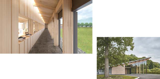 Images of the Shizukuishi studio surrounded by greenery and mountains with modern wooden interiors