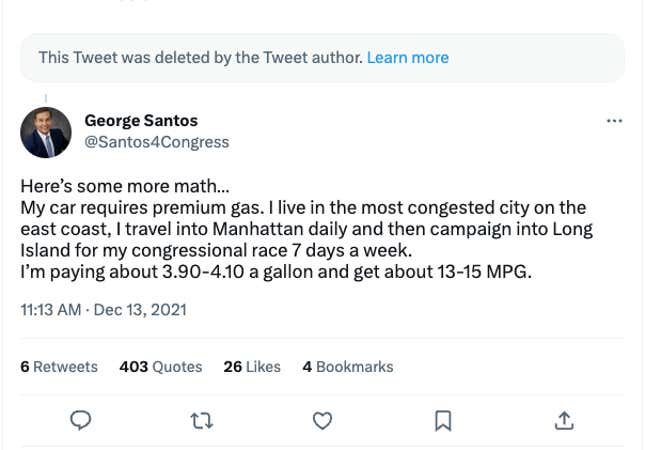 A tweet by then-candidate George Santos explaining his fuel usage