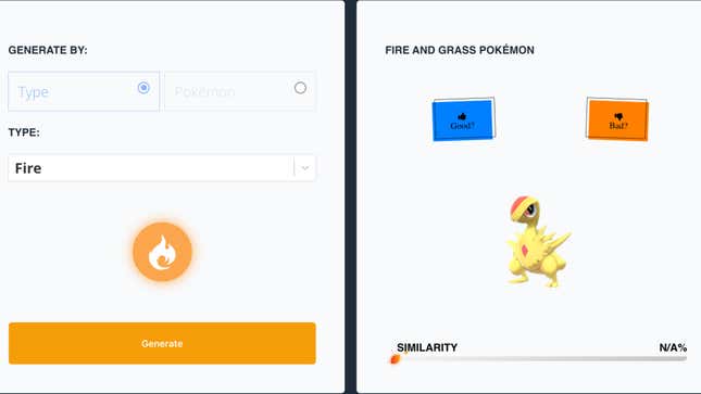 A screenshot from Liam Eloie's "Nokémon" AI-pocket monster generator.