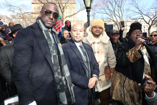 NEW YORK, NEW YORK - DECEMBER 19: Yusef Salaam, Raymond Santana, and Kevin Richardson attend the unveiling of the "Gate of the Exonerated" in Harlem on December 19, 2022 in New York City