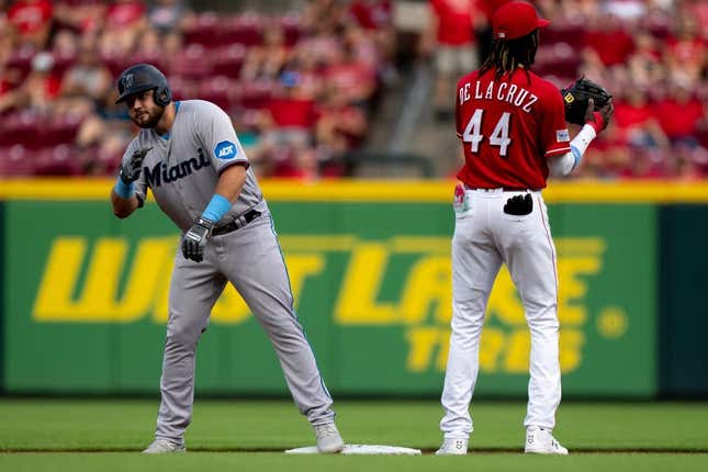 Miami Marlins third baseman Jake Burger (36) jesters to the dugout after hitting a double in the second inning of the MLB baseball game between Cincinnati Reds and Miami Marlins at Great American Ball Park in Cincinnati on Tuesday, Aug. 8, 2023.