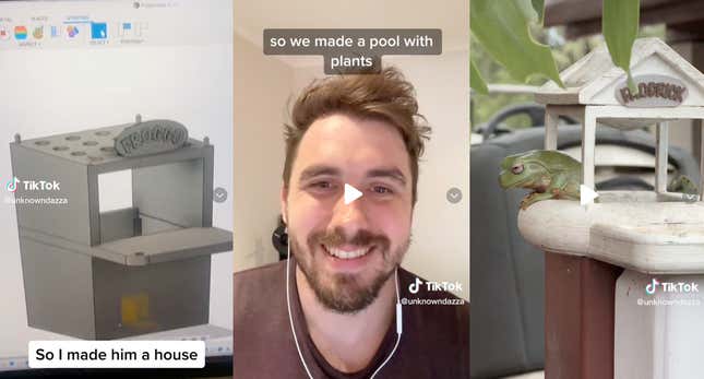 Tres capturas de pantalla de un vídeo sobre una casita de ranas creado por Unknowdazza en TikTok.