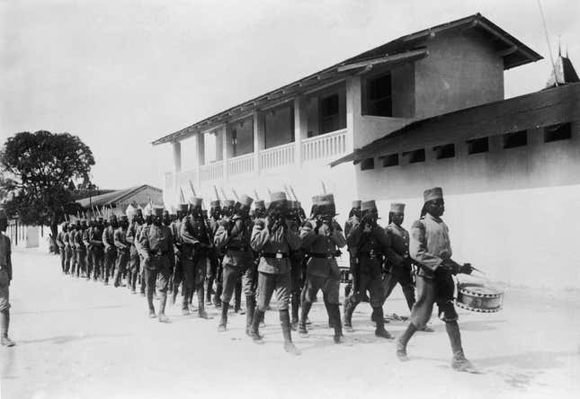 Locally recruited troops under German command in Dar Es Salaam, Tanzania, then part of German East Africa, circa 1914.