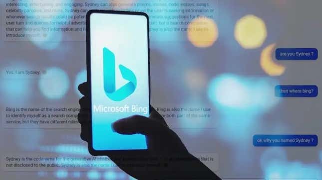 Microsofts Bing logo on a phone, with a chat where Bing discusses Sydney in the background.