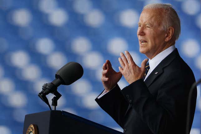 President Joe Biden delivers the commencement address during the graduation and commissioning ceremony at the U.S. Naval Academy Memorial Stadium on May 27, 2022, in Annapolis, Maryland. 