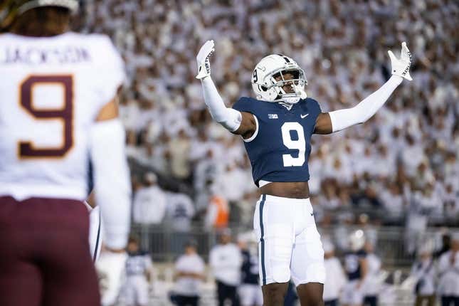 Penn State&#39;s Joey Porter Jr. motions to the Nittany Lion faithful after Minnesota is penalized for a second false start in the first quarter at Beaver Stadium on Saturday, Oct. 22, 2022, in State College.

Hes Dr 102222 Whiteout