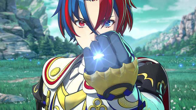 Fire Emblem Engage's hero holds up a shiny ring.