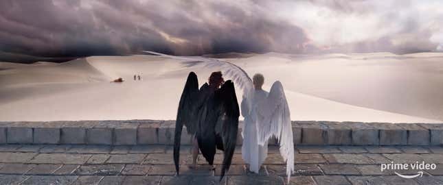 Aziraphale and Crowley watching Adam and Eve leave the Garden of Eden.