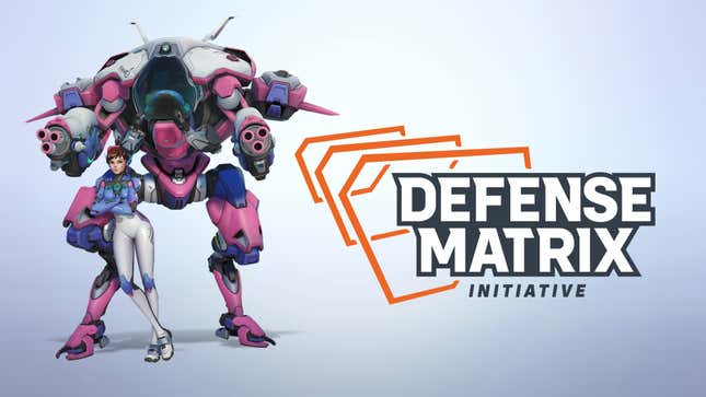 Overwatch's D.Va stands out of her fighting mech with her arms crossed next to the words "Defense Matrix Initiative"