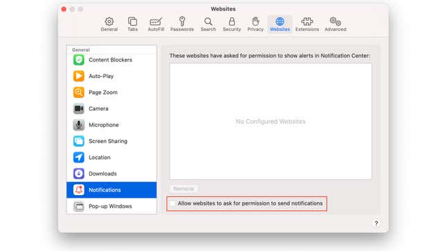 Stop websites from sending notification requests in Safari on Mac.