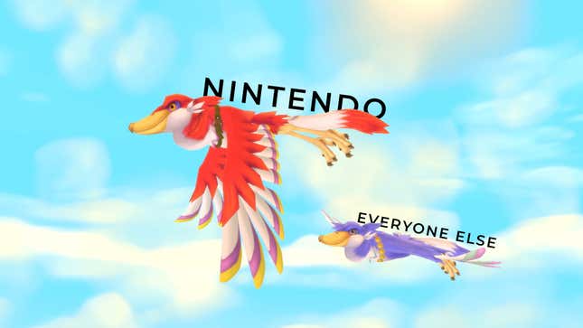 An image from The Legend of Zelda: Skyward Sword with Nintendo flying above everyone else.