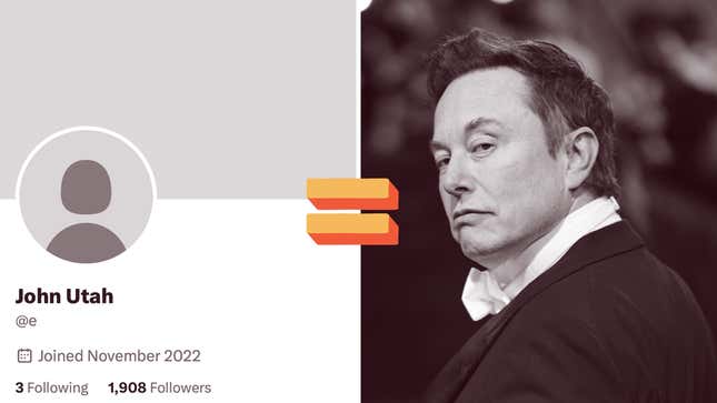 A side-by-side illustration of Elon Musk and a screenshot of the Twitter handle "@e".