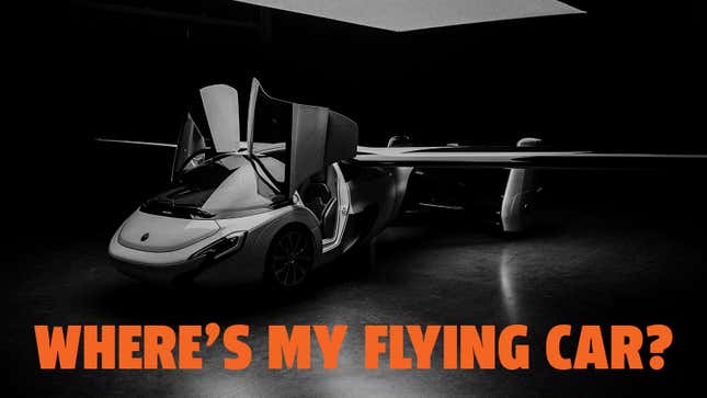 a black and white photo of the Aero Mobil flying car with the caption "Where's my flying car?"