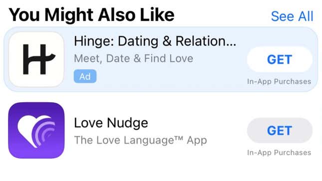 This add for a online dating appeared on the page for a relationship counseling app. 