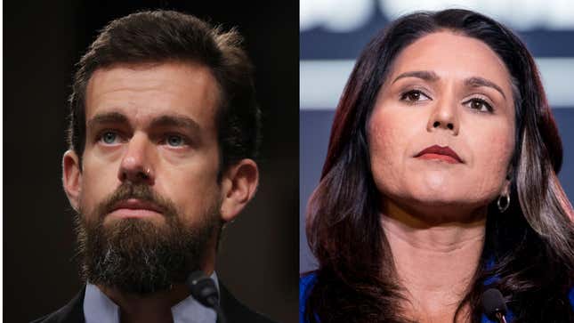 Twitter CEO Jack Dorsey at a Senate Intelligence Committee hearing on Capitol Hill in September 5, 2018 (left) and Rep. Tulsi Gabbard in South Carolina on June 22, 2019 (right)