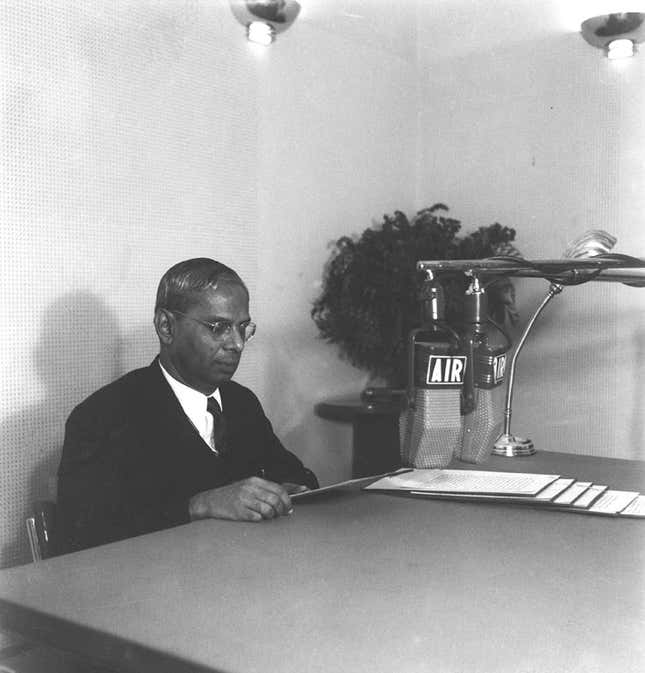 India’s first finance minister, RK Shanmukham Chetty, broadcasting on All India Radio the budget he presented in the Indian Parliament in November 1947. Chetty held the position until 1949.