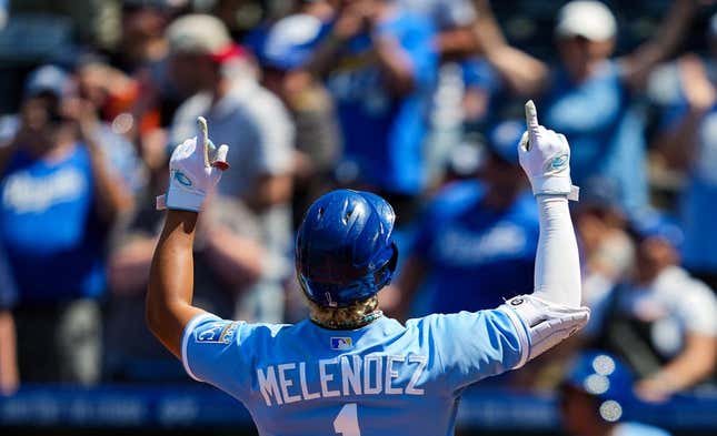 May 28, 2023; Kansas City, Missouri, USA; Kansas City Royals right fielder MJ Melendez (1) celebrates after hitting a home run during the seventh inning against the Washington Nationals at Kauffman Stadium.