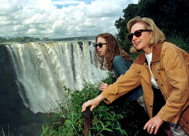 Then US first lady Hillary Clinton and daughter Chelsea visiting a much more robust-looking Victoria Falls, Zimbabwe in March 1997