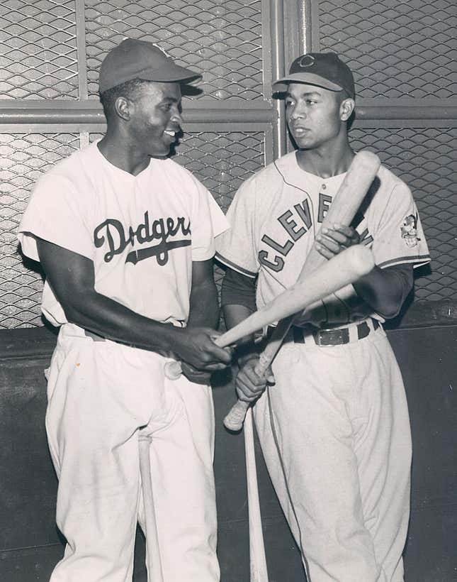 Brooklyn Dodger Jackie Robinson and Cleveland Indian Larry Doby photographed together for the first time.