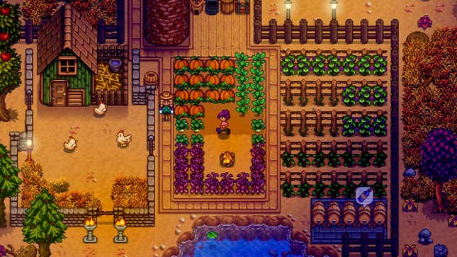 A screenshot of Stardew Valley shows a player on their farm