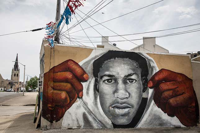 A mural of Trayvon Martin is seen on the side of a building in the Sandtown neighborhood where Freddie Gray was arrested on April 30, 2015, in Baltimore, Maryland. 