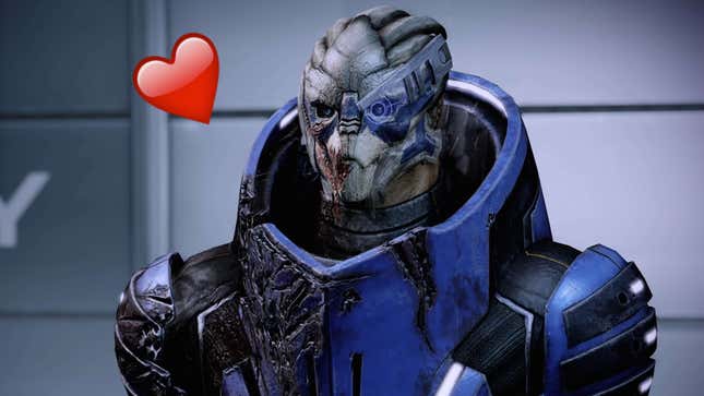 A bug-like alien in blue armor is standing against a metallic background with a cartoon heart near his head.