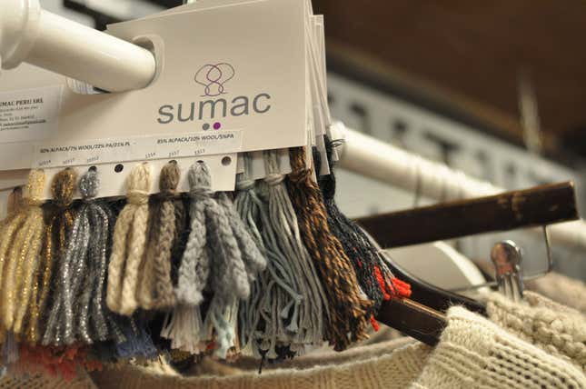 Just a few of the yarns available for Sumac’s hand-knit goods.